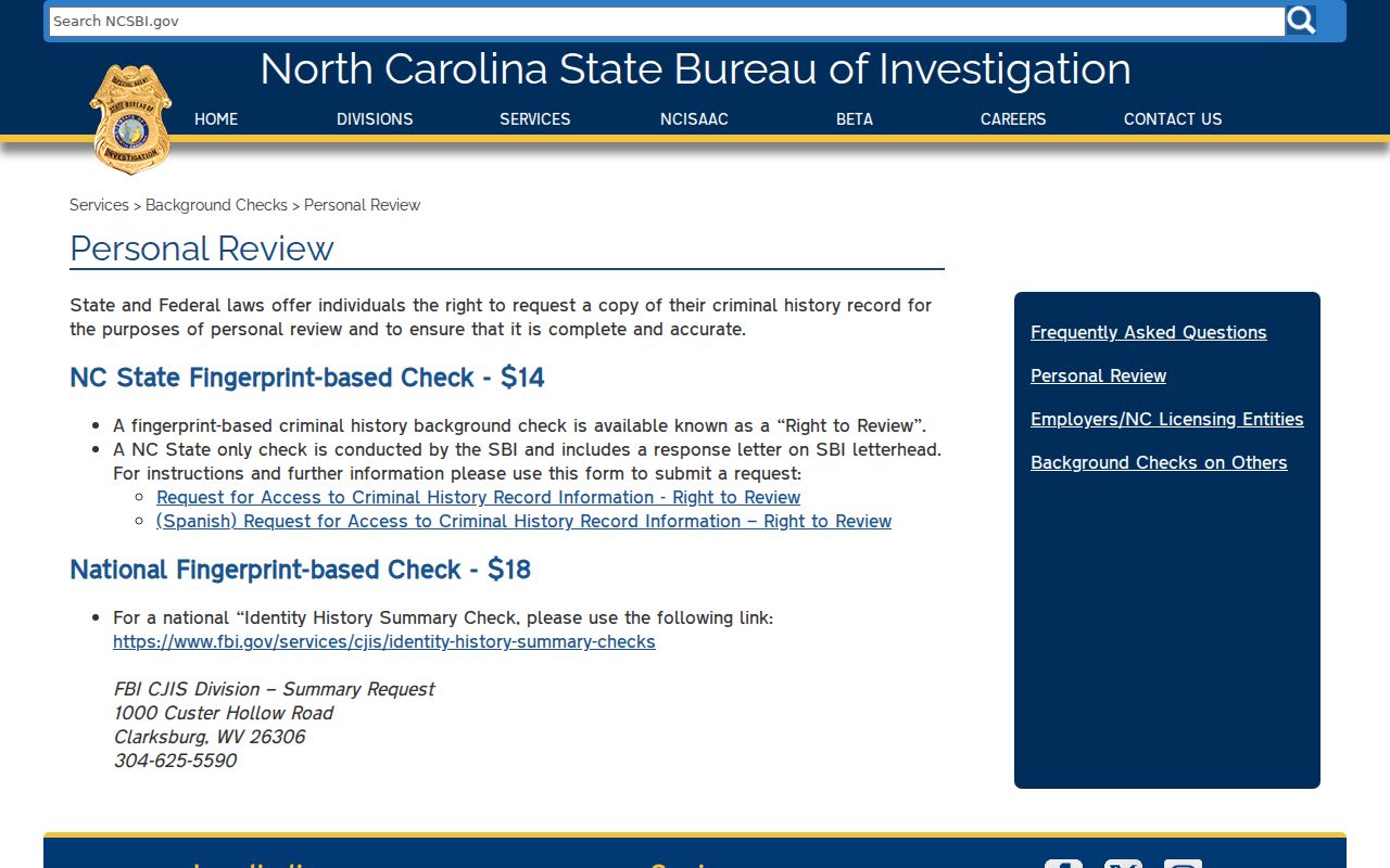Yadkin County criminal history SBI Right to Review instructions