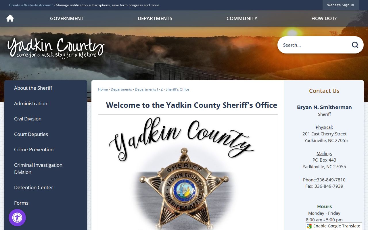 Yadkin County criminal history Sheriff's Office contacts