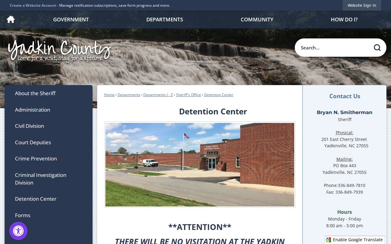 Yadkin County criminal history detention center information