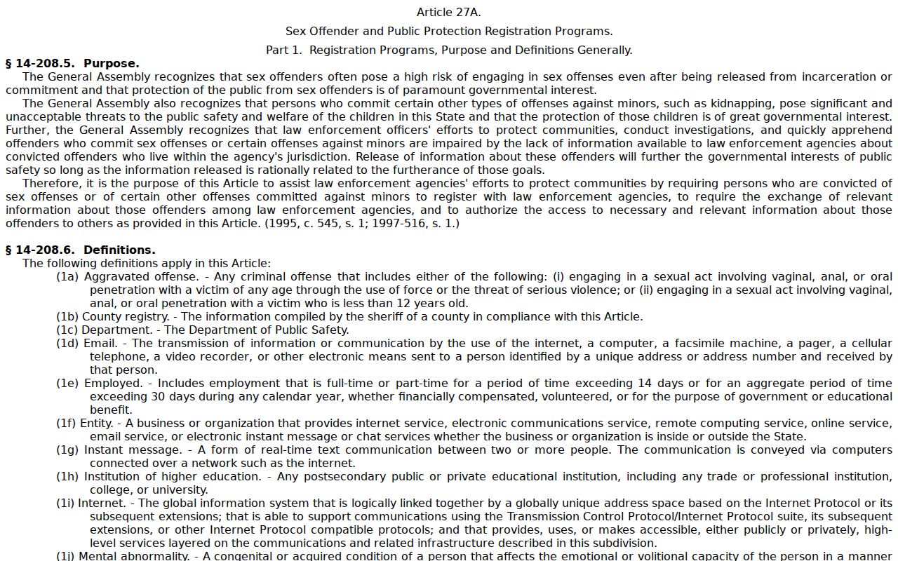 Yadkin County sex offender registry requirements in North Carolina Article 27A