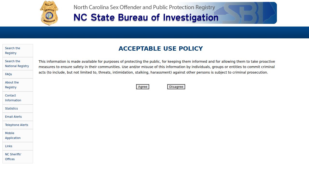 Yadkin County sex offender check on the North Carolina registry landing page